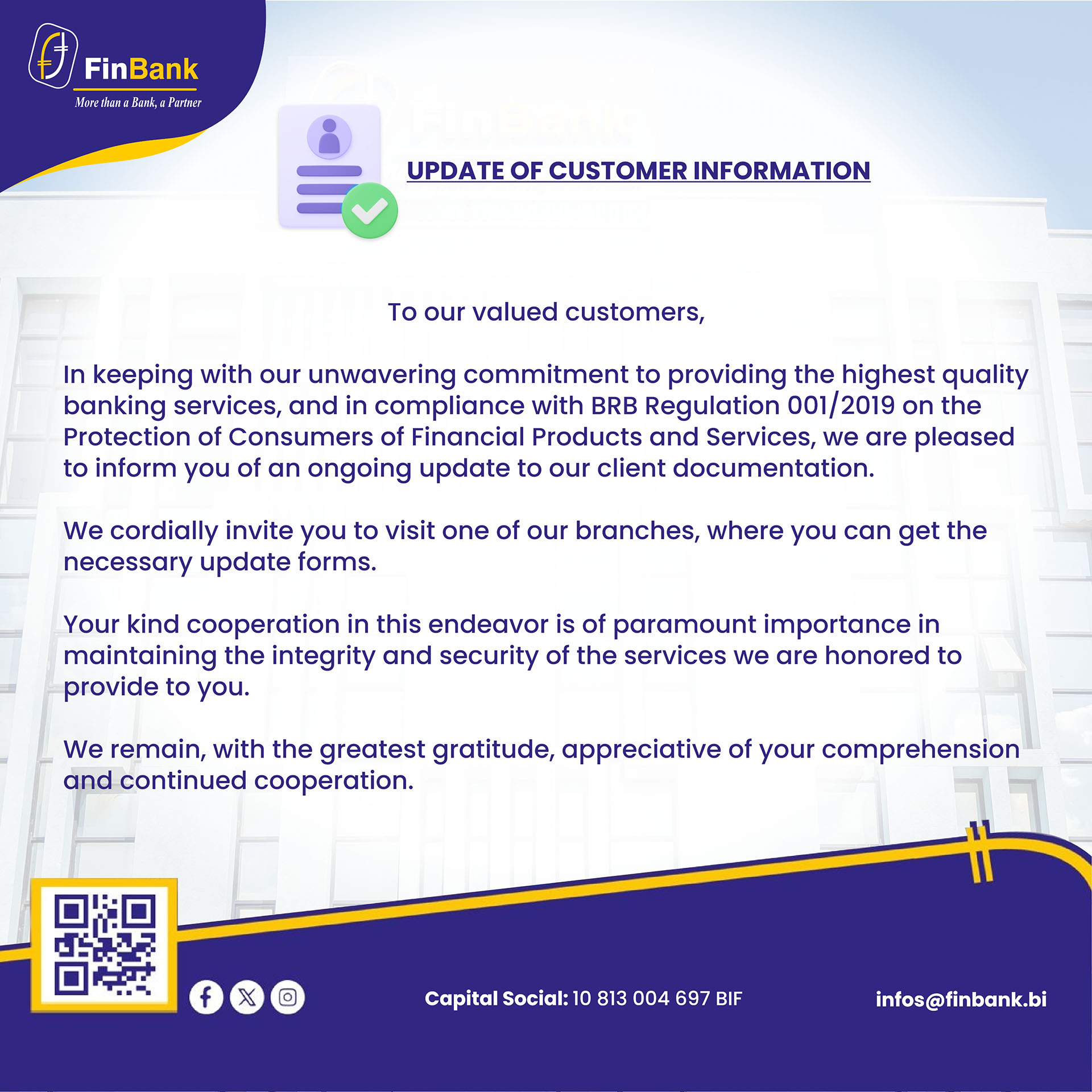 UPDATE OF CUSTOMER INFORMATION